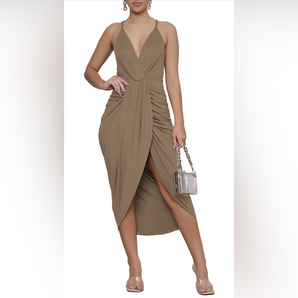 Beige V-neck wrap Dress, Small
